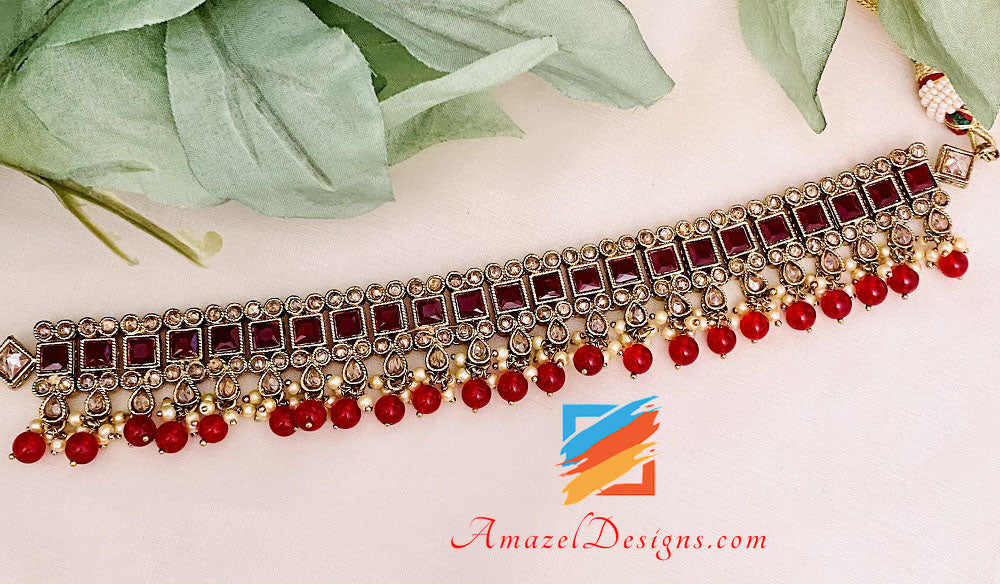 Maroon Choker Necklace Earrings Tikka Set