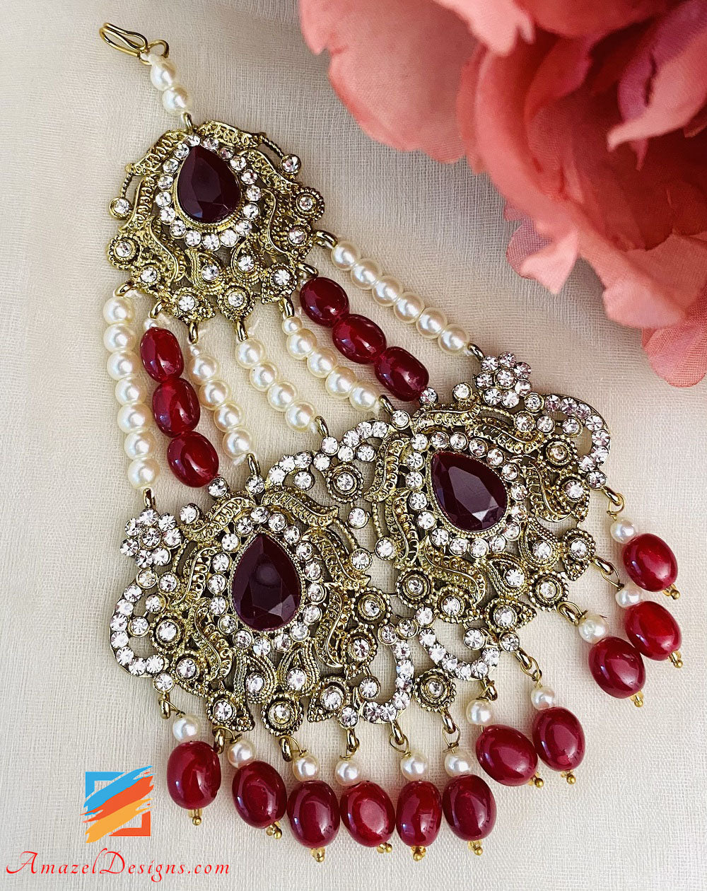 Collana Girocollo Mehroon Con Orecchini Passa E Set Tikka