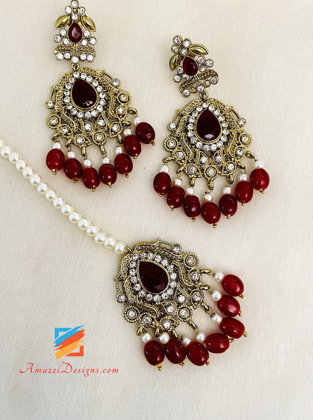 Collana Girocollo Mehroon Con Orecchini Passa E Set Tikka