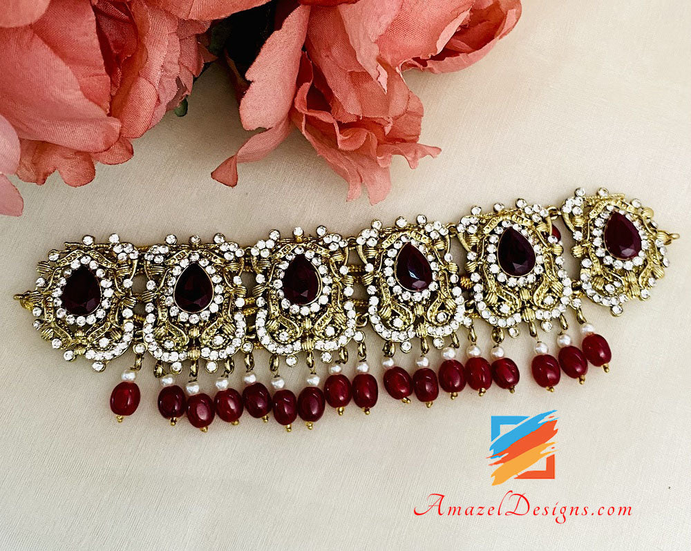 Collana Girocollo Mehroon Con Orecchini Passa E Set Tikka