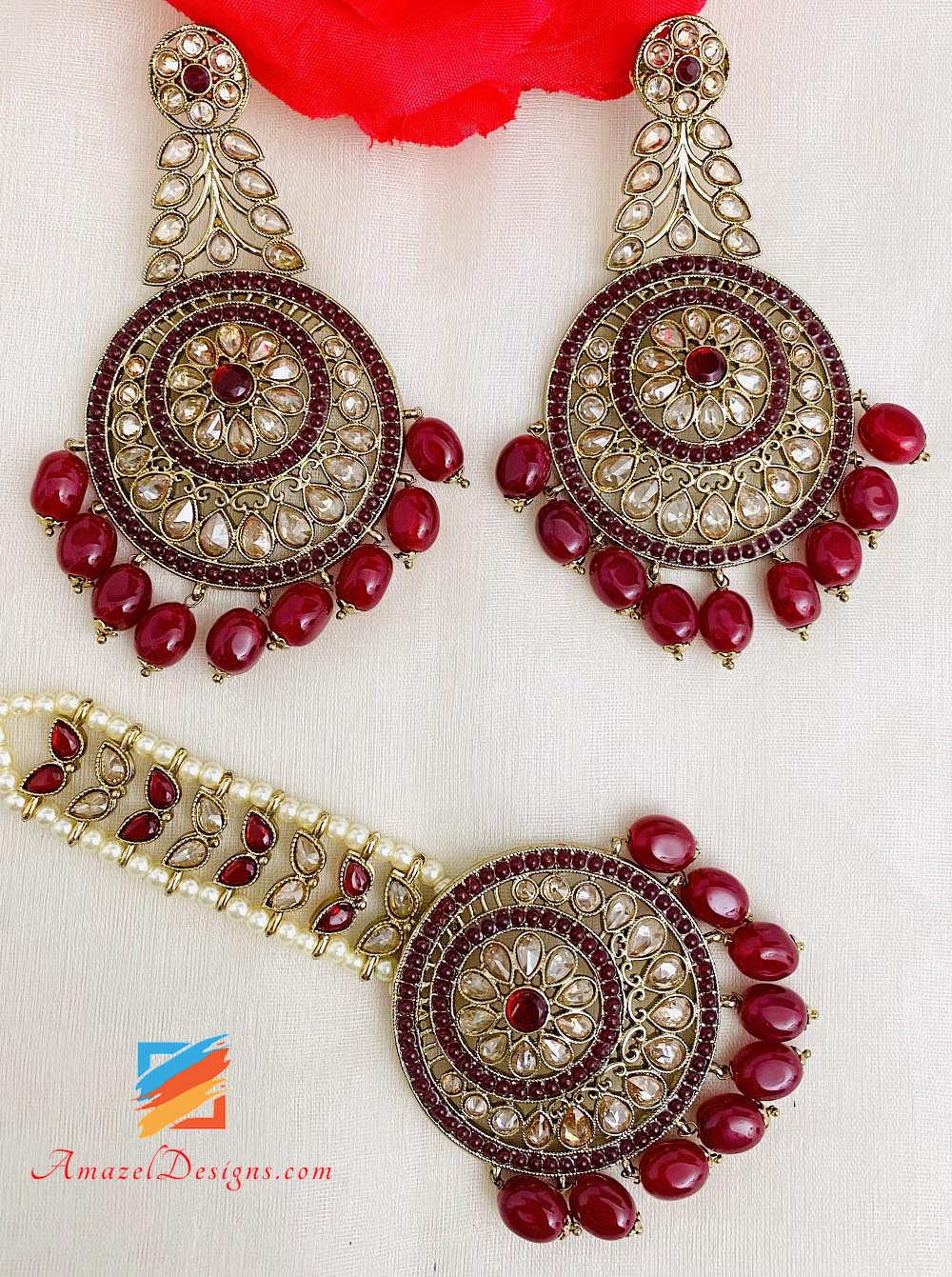 Mehroon Polki Earrings Tikka set