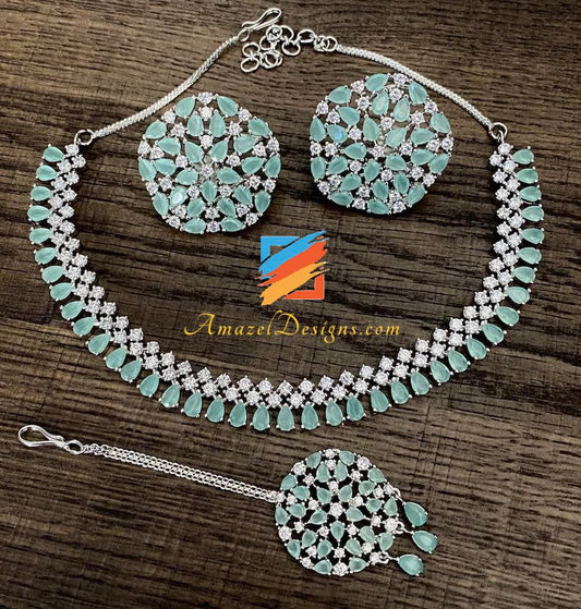 Mint AD American Diamond Necklace Stud Tikka Set