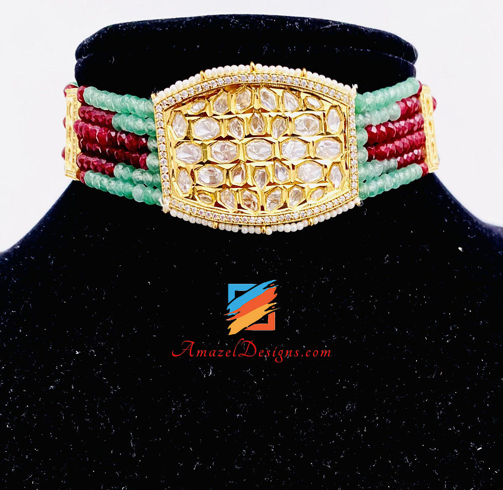 High Quality Mint Choker Necklace Studs Earrings Kundan Set