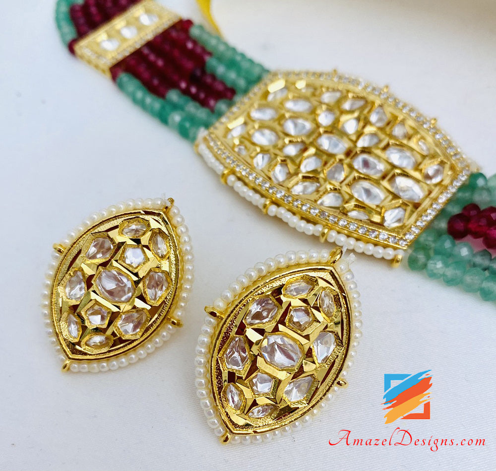 High Quality Mint Choker Necklace Studs Earrings Kundan Set