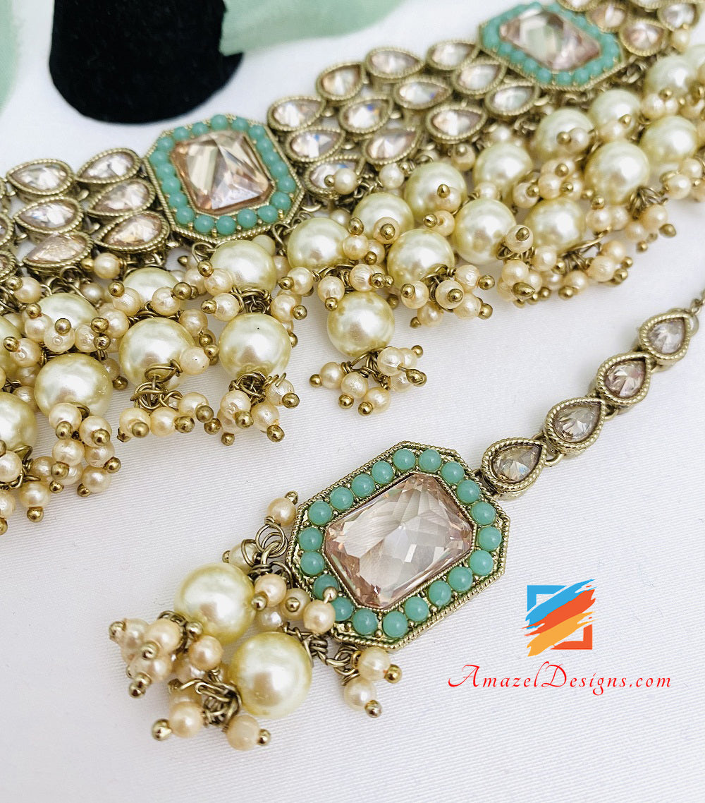 Mint Choker with Hanging Beads Jhumki Earrings Tikka Set