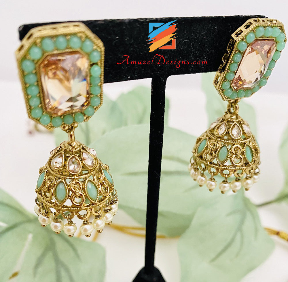 Mint Choker with Hanging Beads Jhumki Earrings Tikka Set