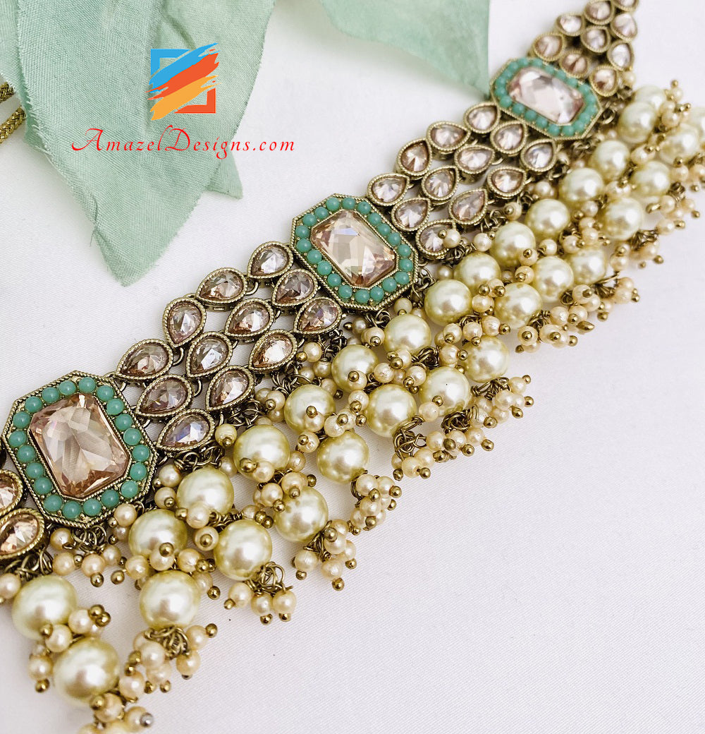 Mint Choker with Hanging Beads Jhumki Earrings Tikka Set