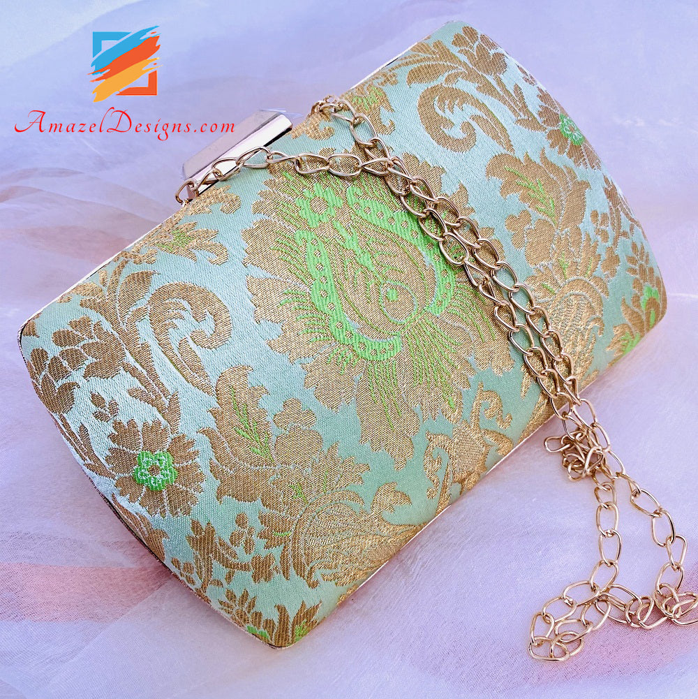 Mint Golden Banarasi Brocade Clutch