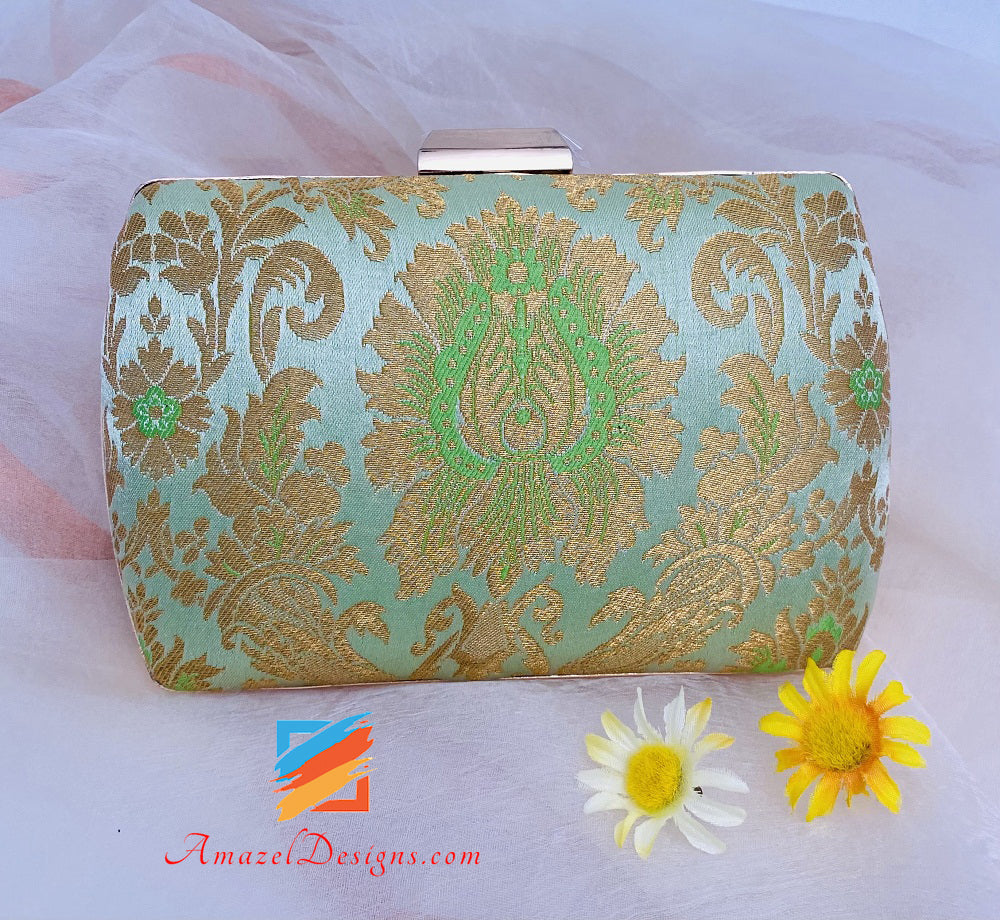 Mint Golden Banarasi Brocade Clutch
