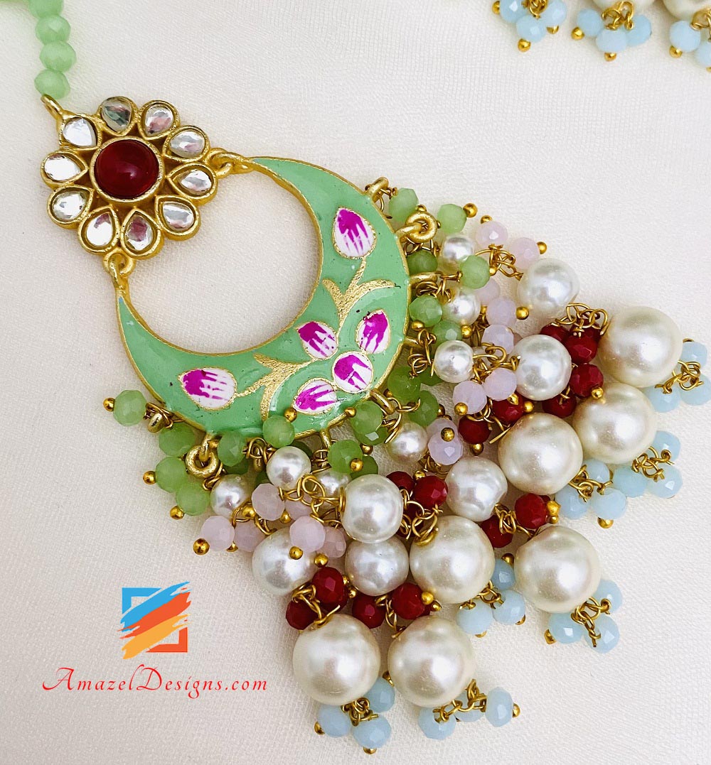 Mint Hand Painted Earrings Tikka Set