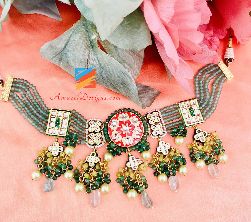 Set collana e orecchini Meenakari dipinti a mano color menta