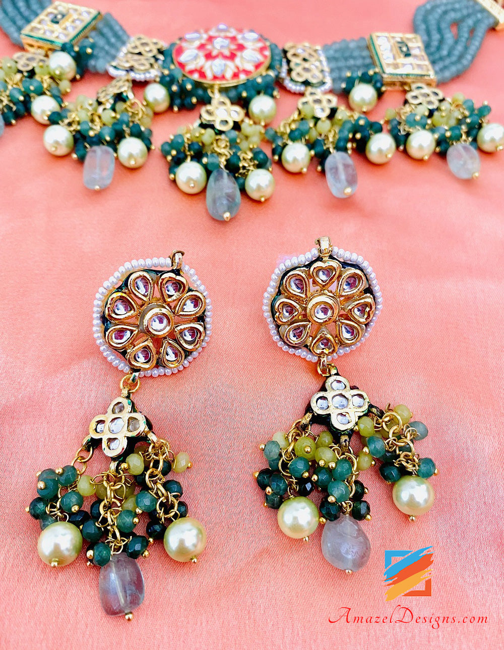 Set collana e orecchini Meenakari dipinti a mano color menta