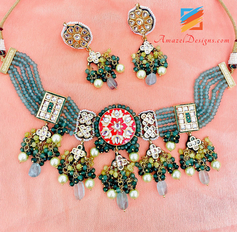 Set collana e orecchini Meenakari dipinti a mano color menta