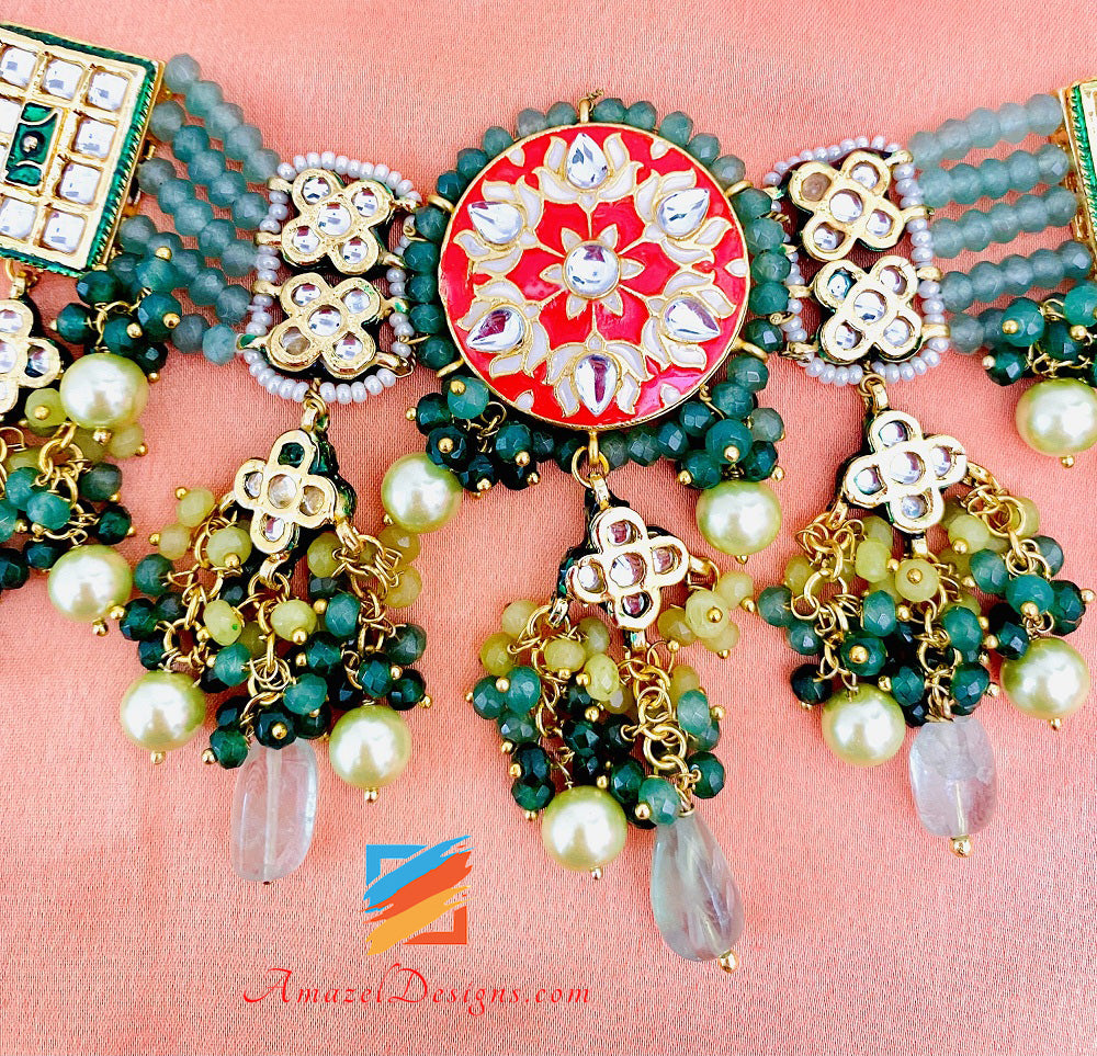 Set collana e orecchini Meenakari dipinti a mano color menta