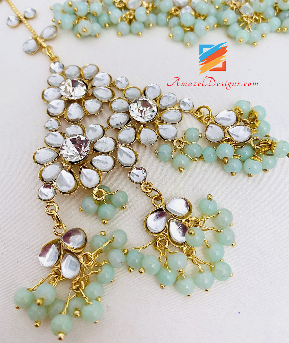 Mintfarbene Kundan-Kristalle, leichte, flexible Choker-Ohrringe, Tikka Passa-Set