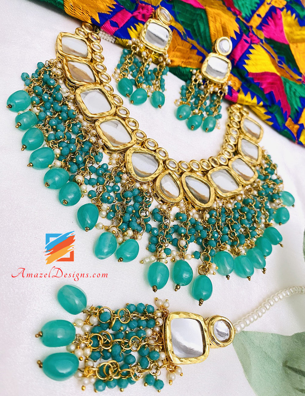 Mint Kundan Earrings Tikka Set