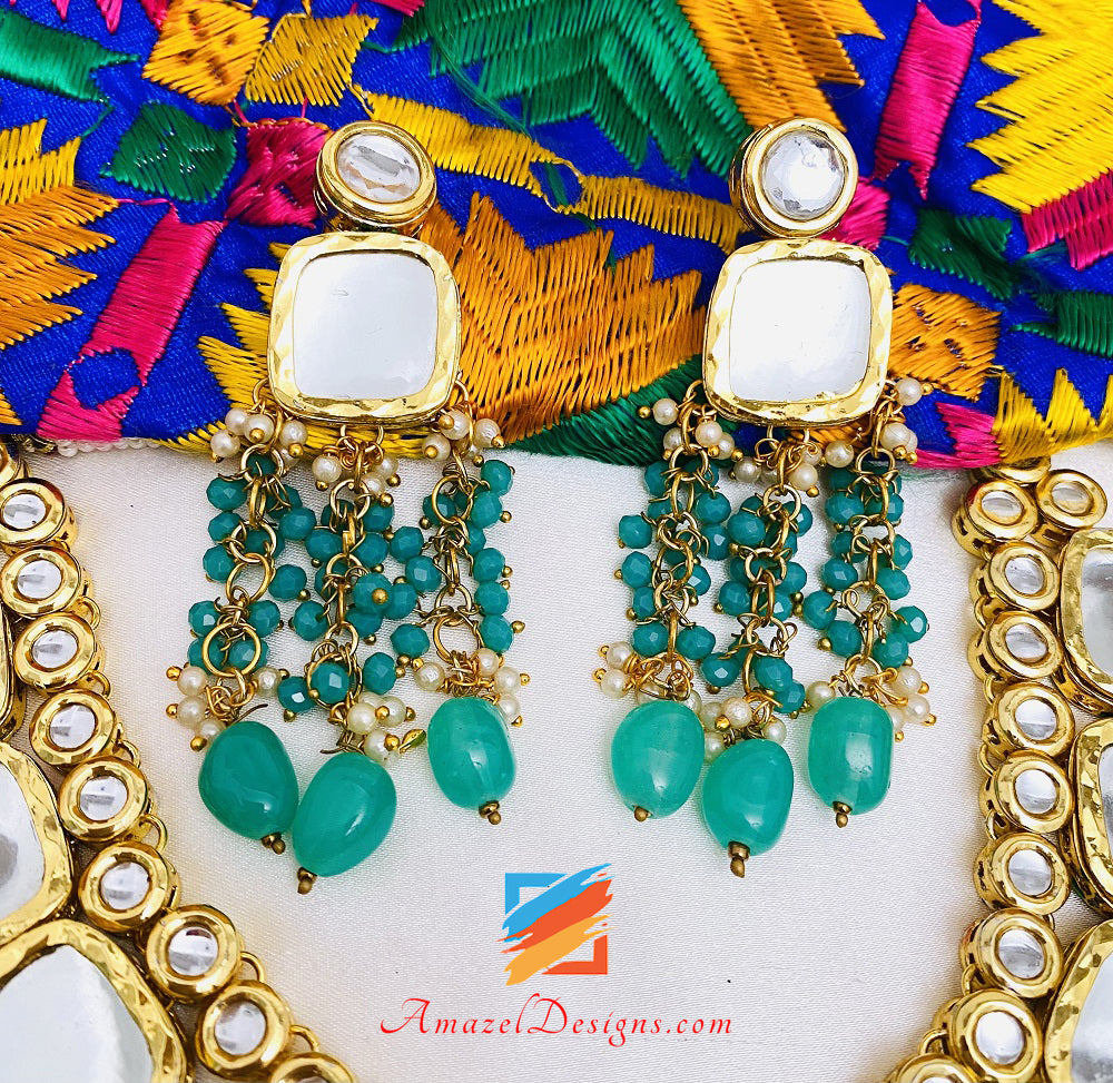 Mint Kundan Earrings Tikka Set