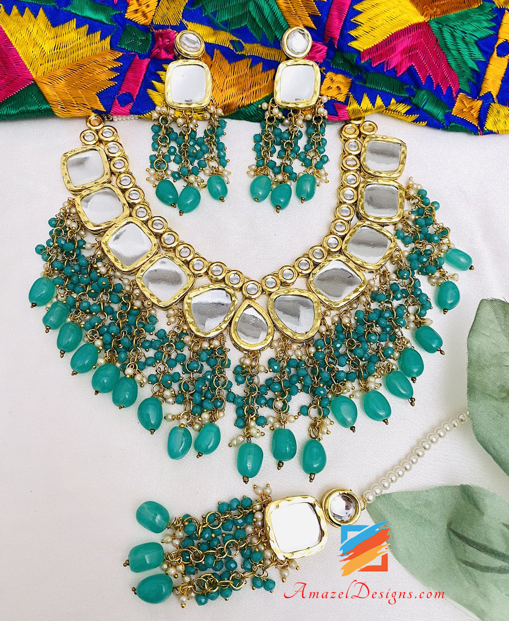 Mint Kundan Earrings Tikka Set