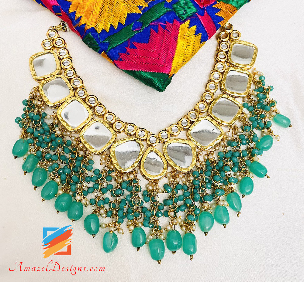 Mint Kundan Earrings Tikka Set