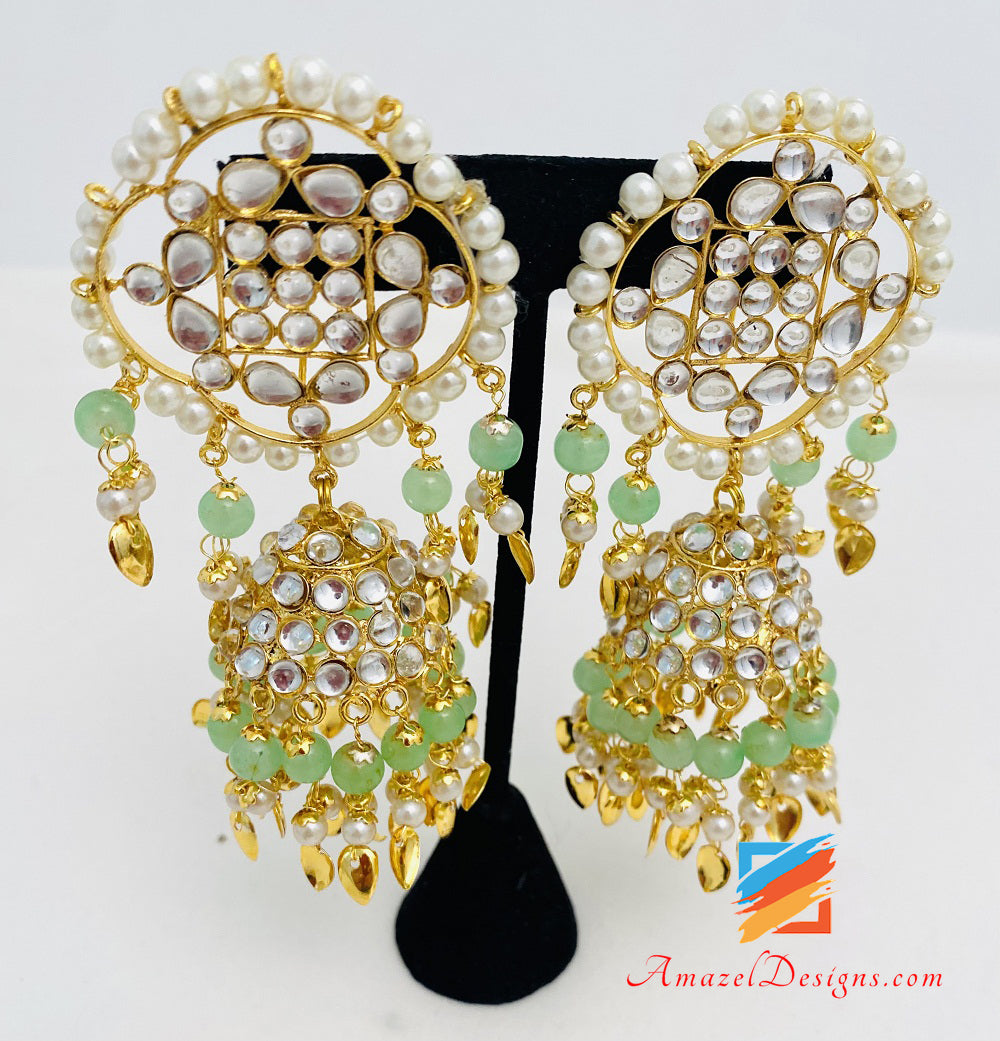 Minze Kundan Leichte Jhumka Pipal Patti Ohrringe Tikka Jhumar Set