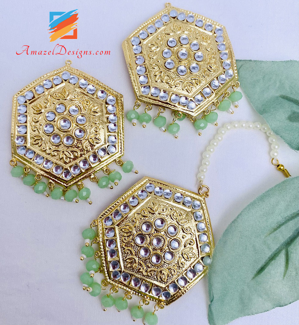 Mint Lightweight Kundan Choker Necklace Studs Earrings Tikka Set