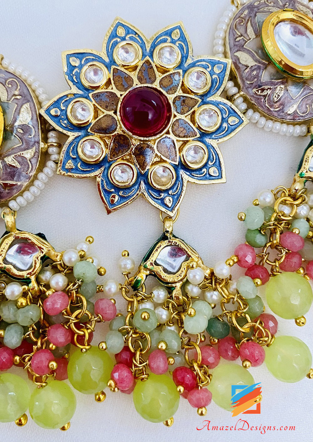 Mint Multicoloured Meenakari Hand Painted Necklace Earrings Set