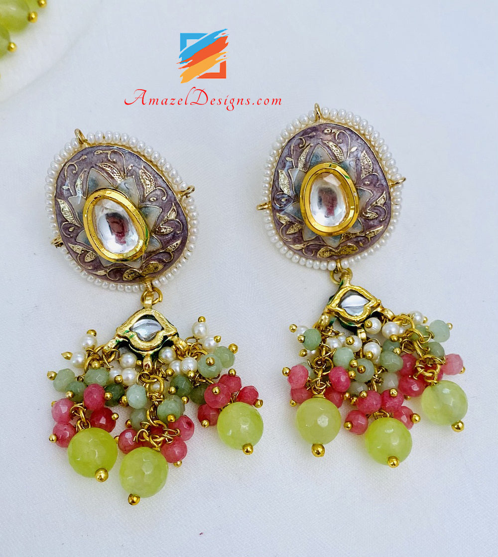 Mint Multicoloured Meenakari Hand Painted Necklace Earrings Set