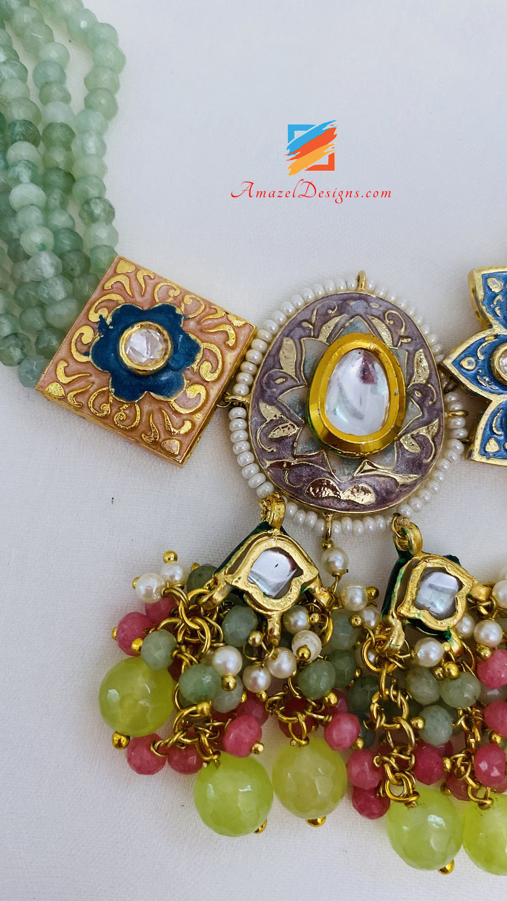Mint Multicoloured Meenakari Hand Painted Necklace Earrings Set