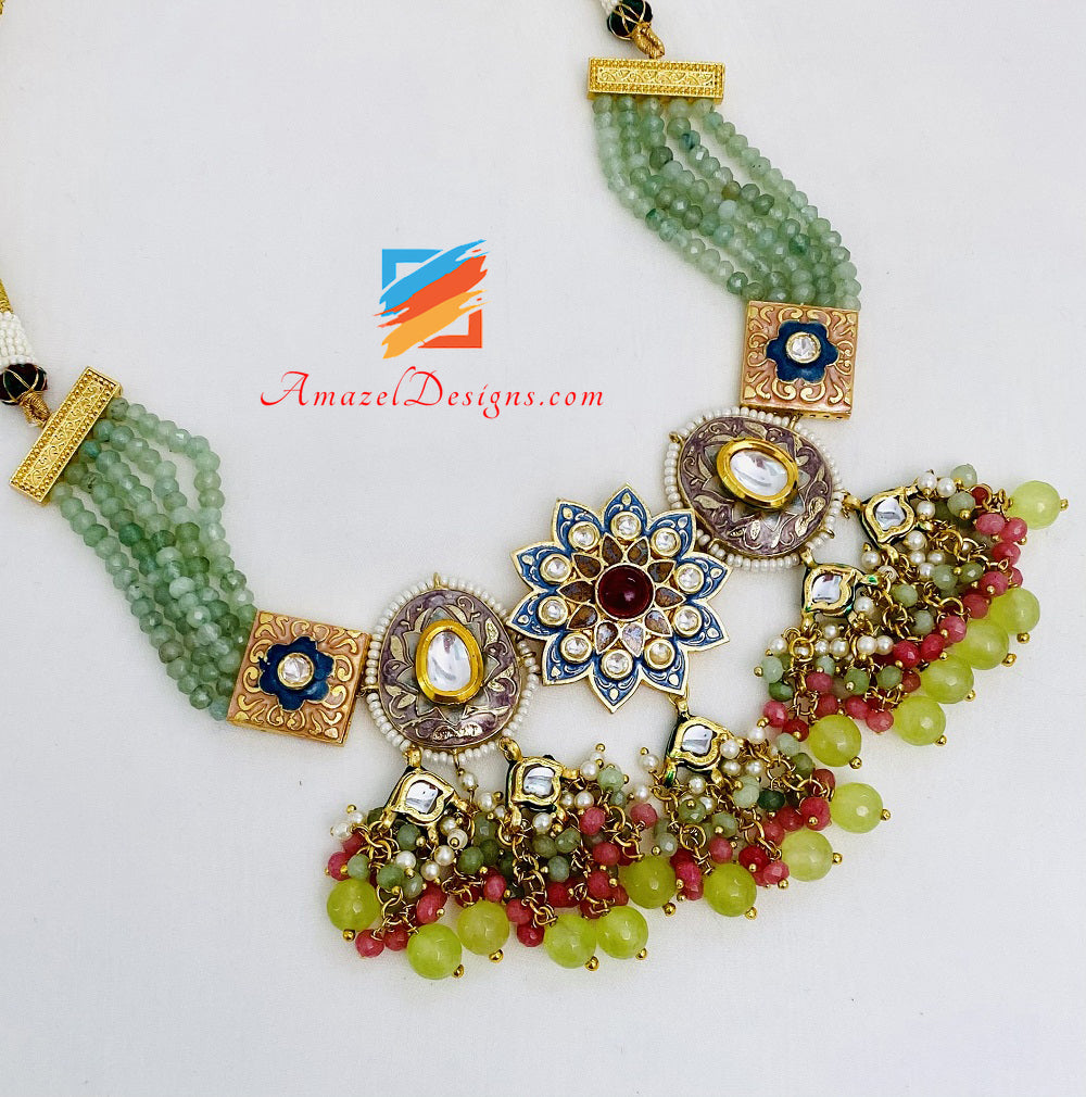 Mint Multicoloured Meenakari Hand Painted Necklace Earrings Set