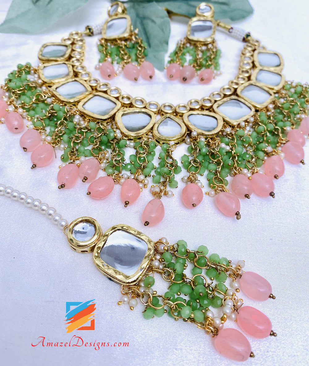 Mint Peachy Pink Big Kundan Necklace Earrings Tikka Set