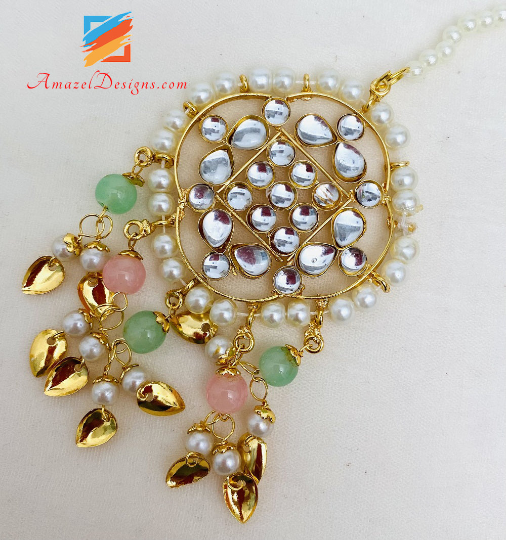 Mint Pink Kundan Lightweight Jhumka Earrings Tikka Passa Set