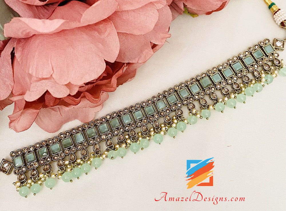 Mint Polki Choker Necklace Earrings Tikka Set