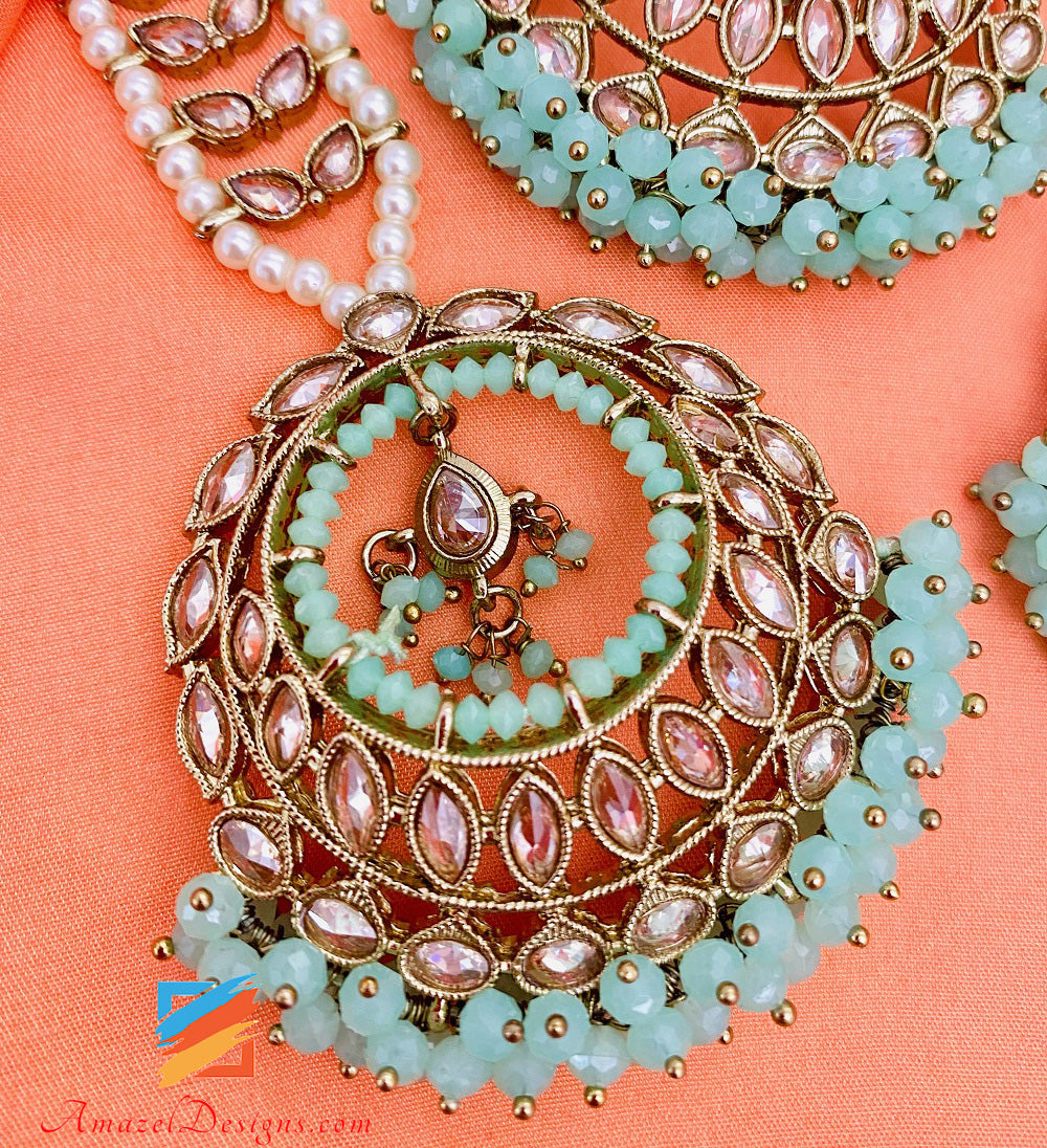 Mint Polki Earrings Tikka Set