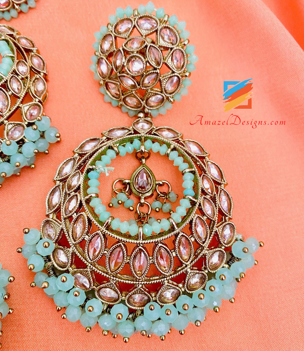 Mint Polki Earrings Tikka Set