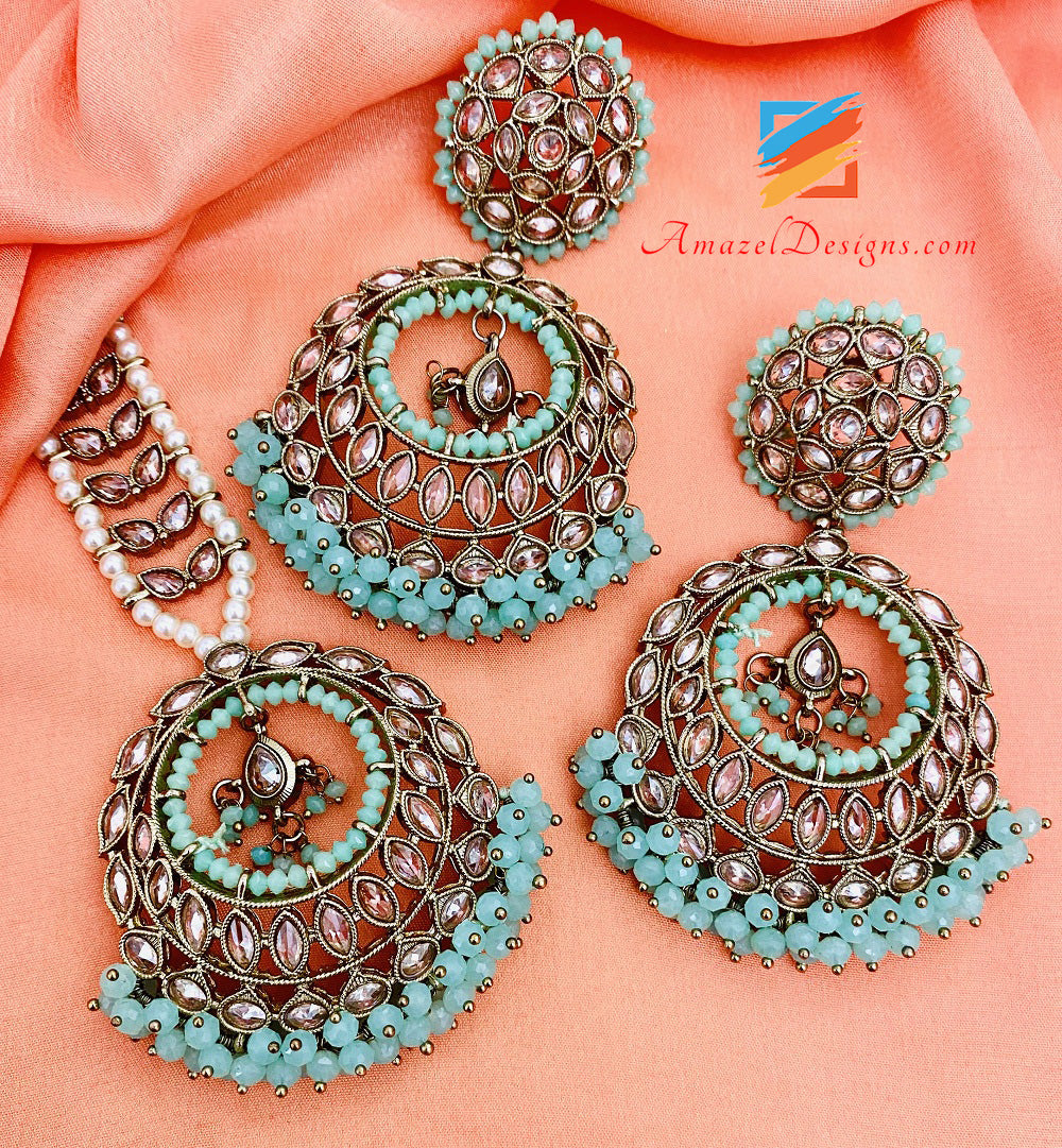 Mint Polki Earrings Tikka Set