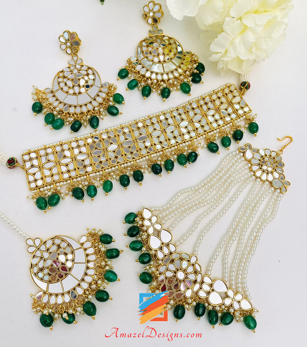 Mirror Emerald Green Lightweight Choker Earrings Tikka Passa Set
