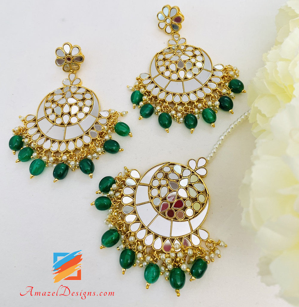 Mirror Emerald Green Lightweight Choker Earrings Tikka Passa Set