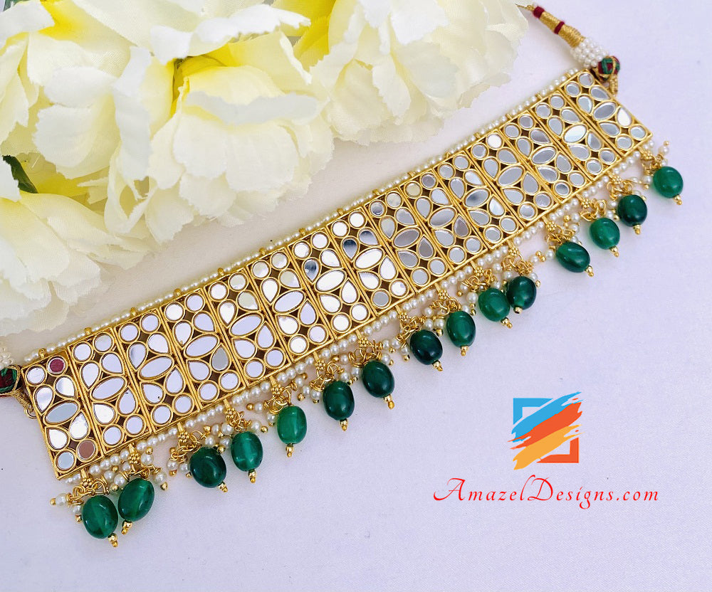 Mirror Emerald Green Lightweight Choker Earrings Tikka Passa Set