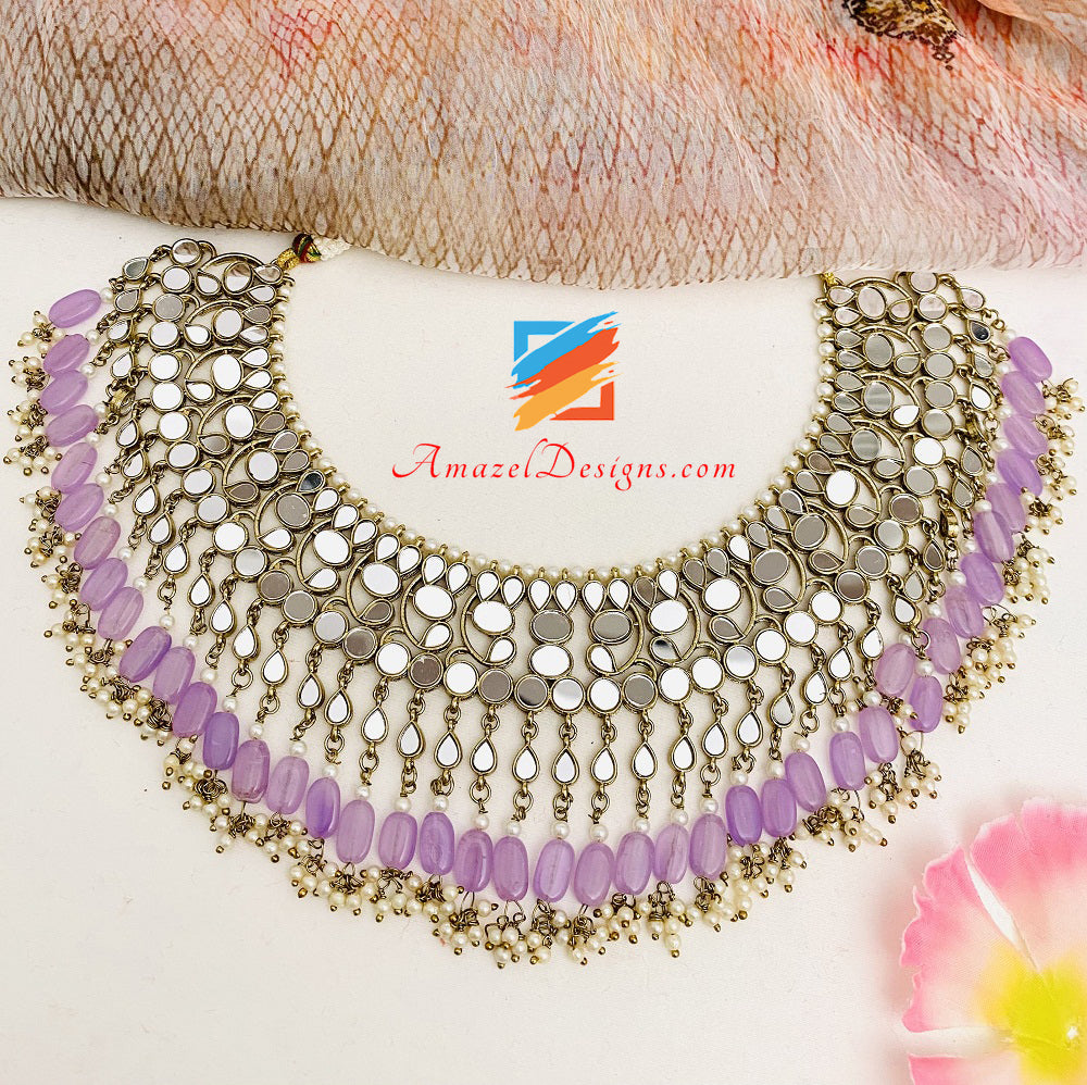 Specchio leggero flessibile viola lavanda collana orecchini oversize set Tikka