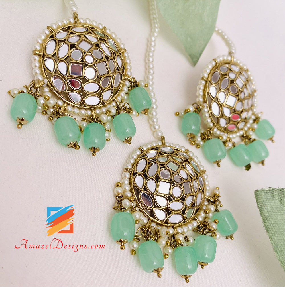 Mirror Mint Lightweight Studs Earrings Tikka Set