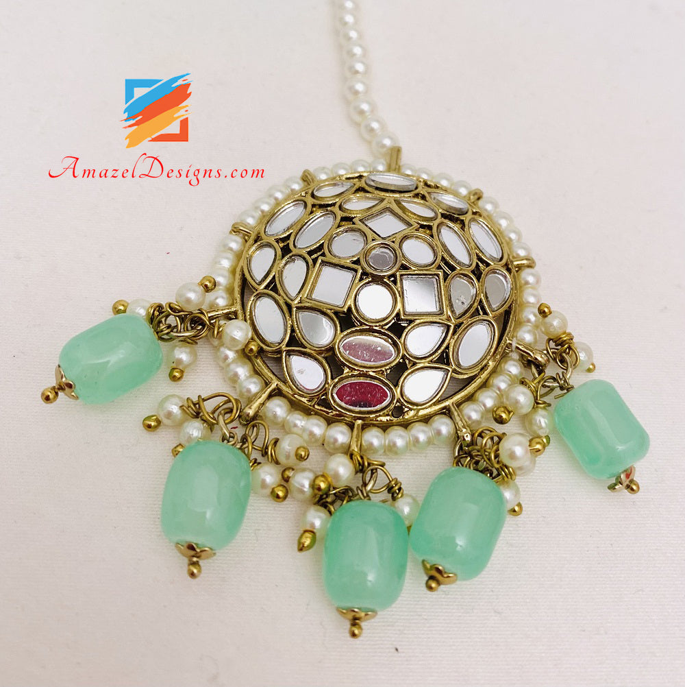 Mirror Mint Lightweight Studs Earrings Tikka Set
