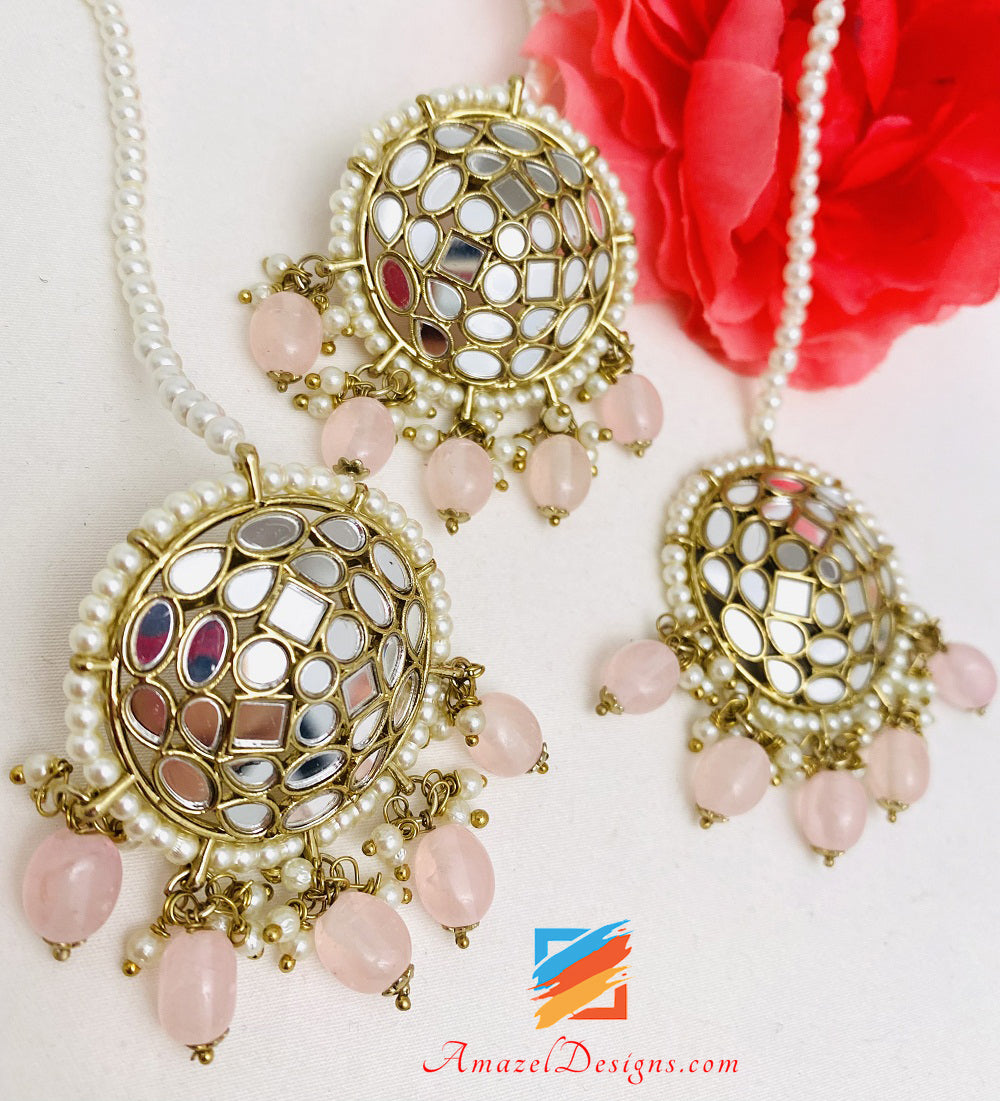Mirror Pink Lightweight Studs Earrings Tikka Set
