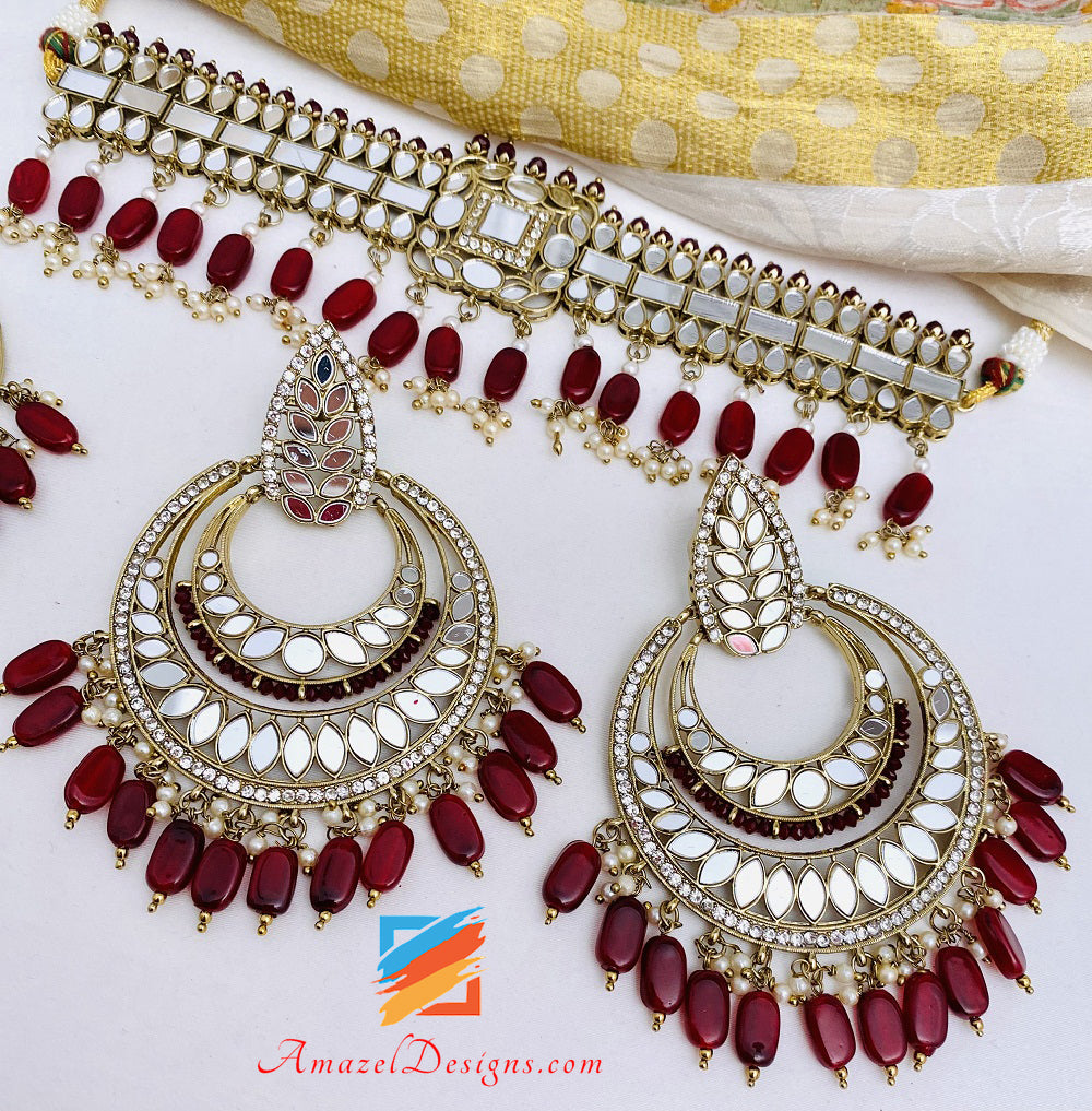 Mirror Ruby Maroon Chocker Necklace Earrings Tikka Set