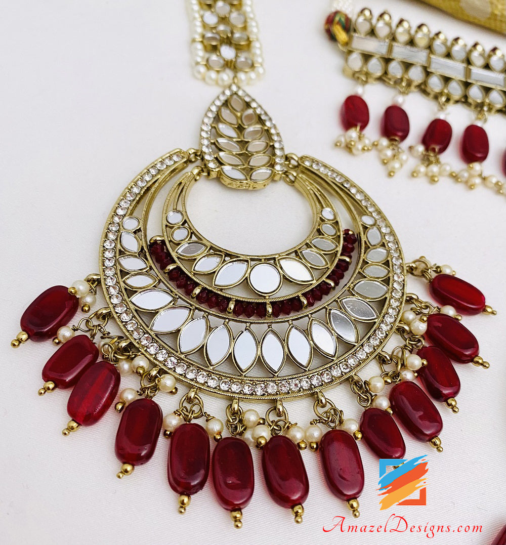 Mirror Ruby Maroon Chocker Necklace Earrings Tikka Set