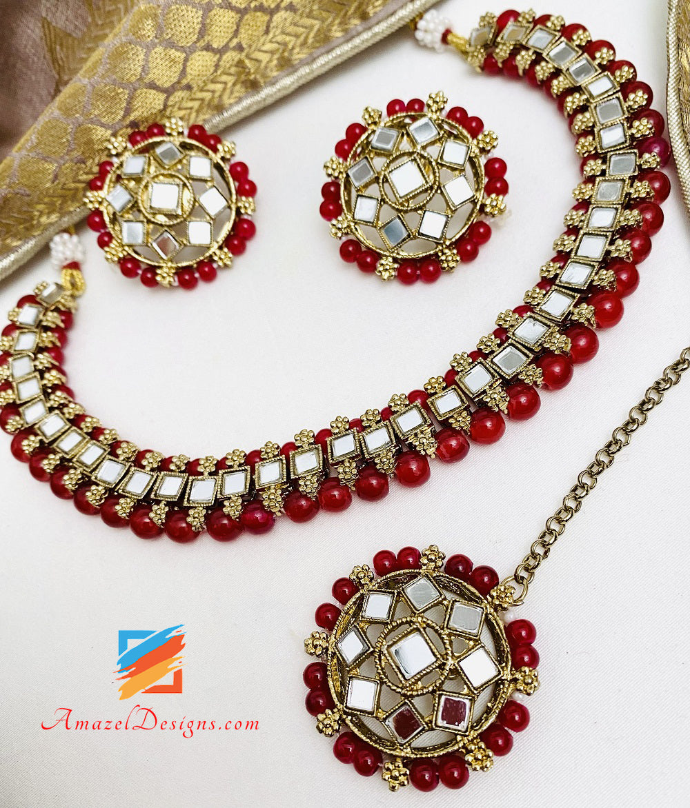 Mirror Single Line Maroon Choker Necklace Studs Earrings Tikka Set