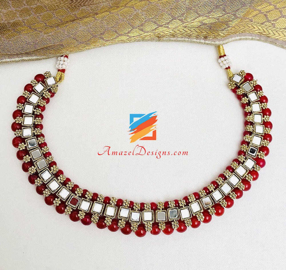 Mirror Single Line Maroon Choker Necklace Studs Earrings Tikka Set