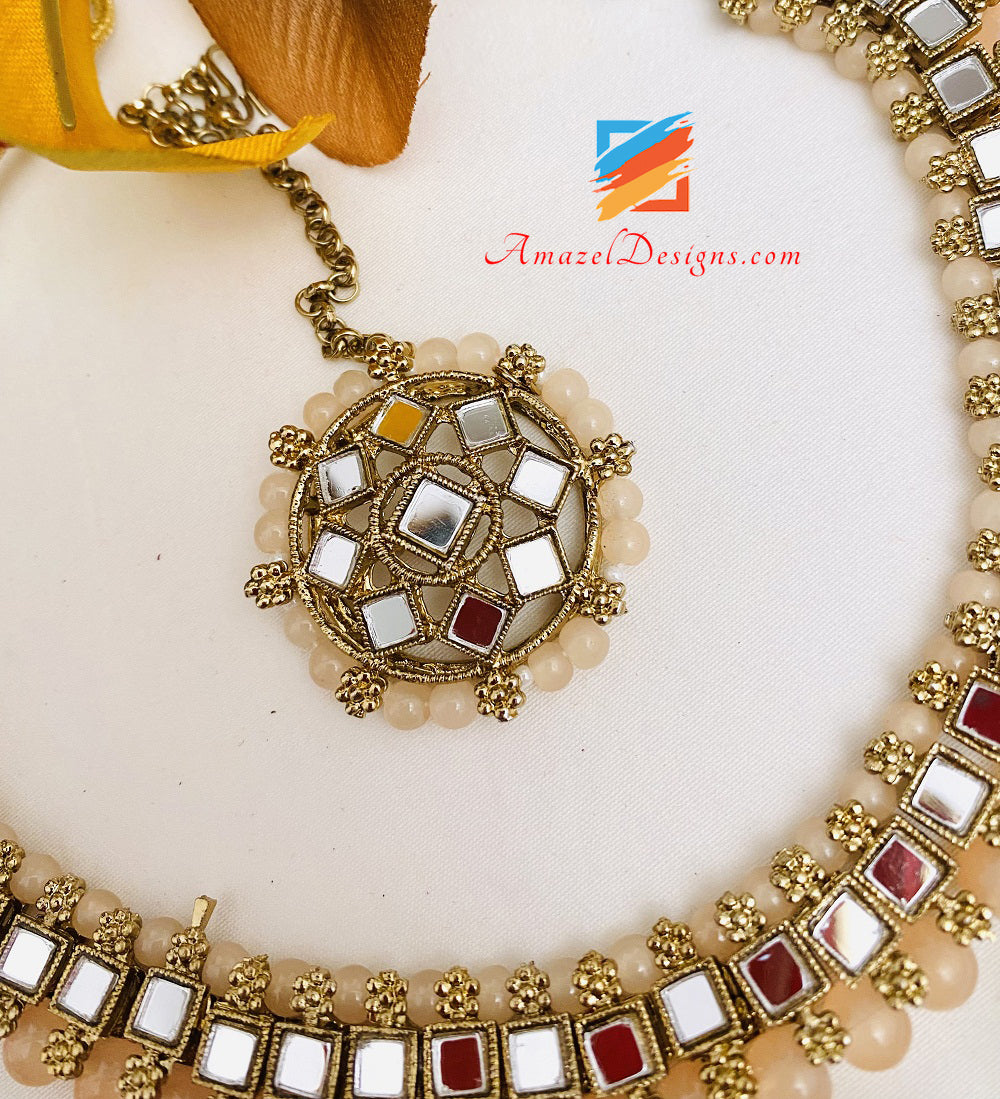 Mirror Single Line Peach Choker Necklace Studs Tikka Set