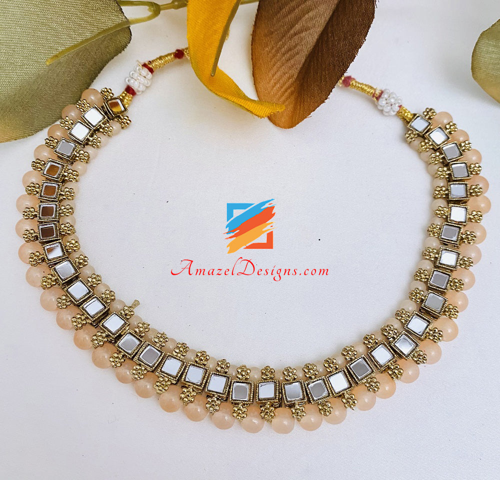 Mirror Single Line Peach Choker Necklace Studs Tikka Set