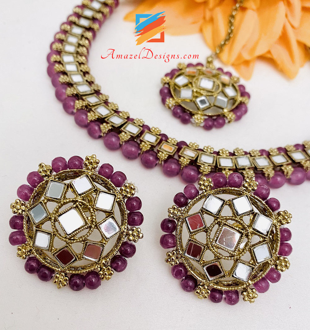 Mirror Single Line Purple Choker Collana Studs Tikka Set