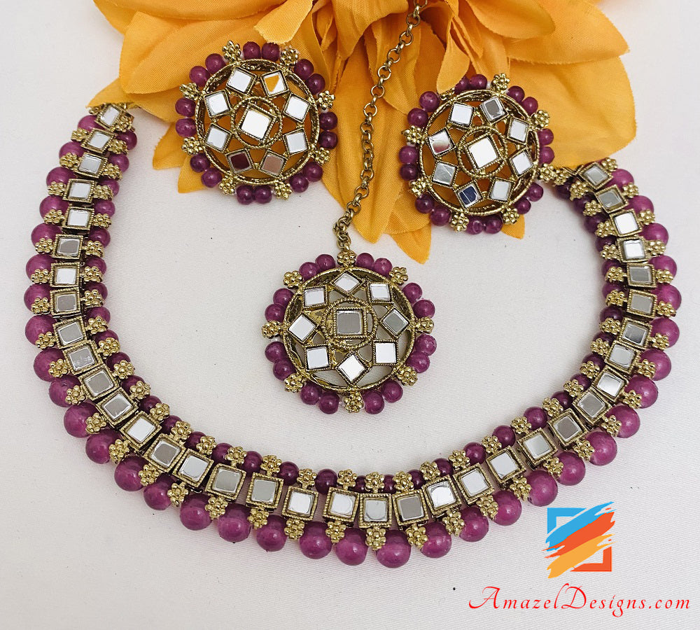 Mirror Single Line Purple Choker Collana Studs Tikka Set